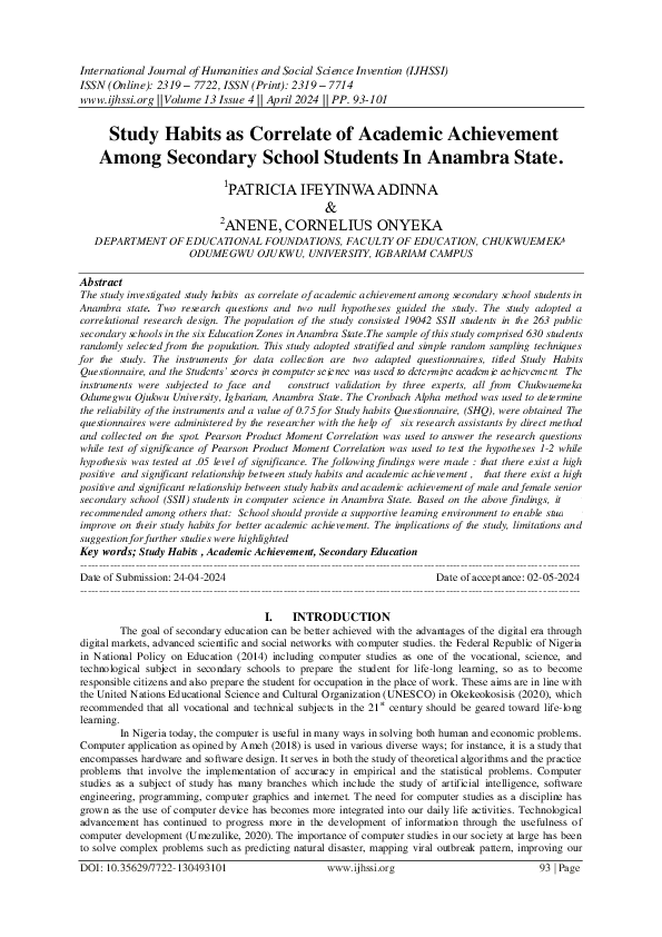 (PDF) Study Habits as Correlate of Academic Achievement Among Secondary ...