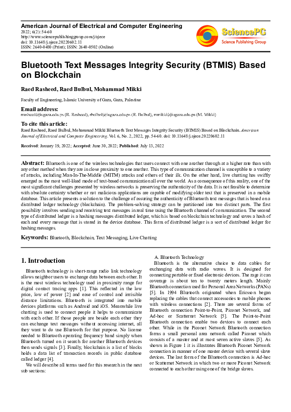 (PDF) Bluetooth Text Messages Integrity Security (BTMIS) Based on ...