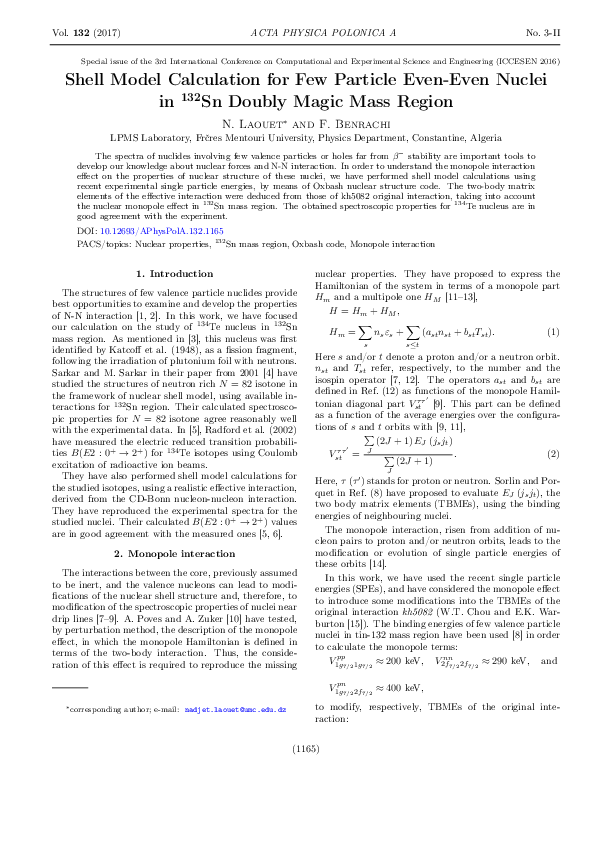 (PDF) Shell Model Calculation for Few Particle Even-Even Nuclei in ...