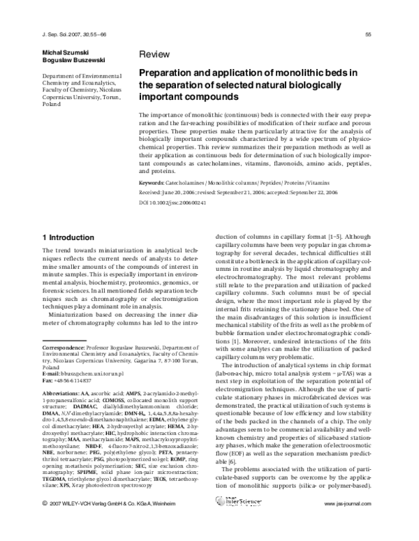 (PDF) Preparation and application of monolithic beds in the separation ...