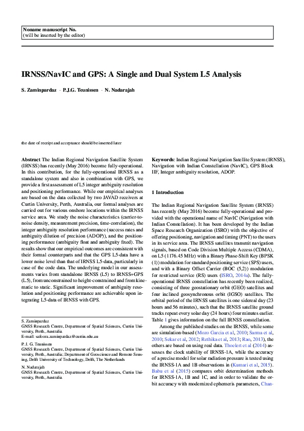 (PDF) IRNSS/NavIC and GPS: a single- and dual-system L5 analysis