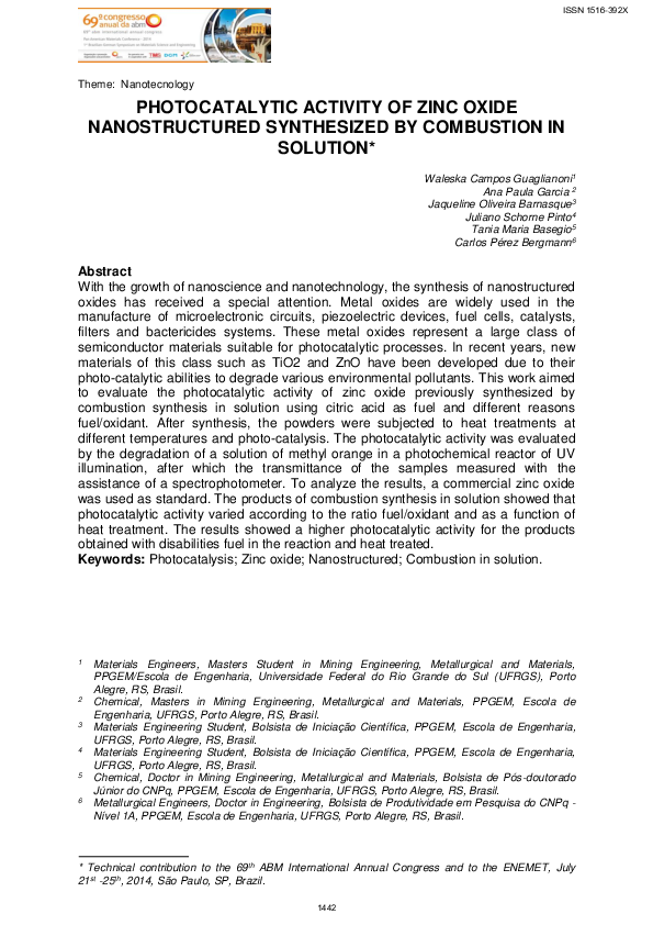 (PDF) Photocatalytic Activity of Zinc Oxide Nanostructured Synthesized ...