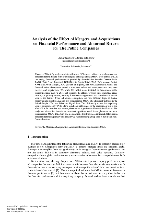 (PDF) Analysis of the Effect of Mergers and Acquisitions on Financial ...