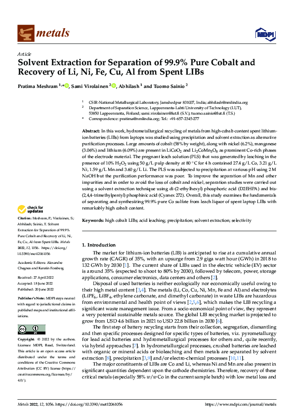 (PDF) Solvent Extraction for Separation of 99.9% Pure Cobalt and ...