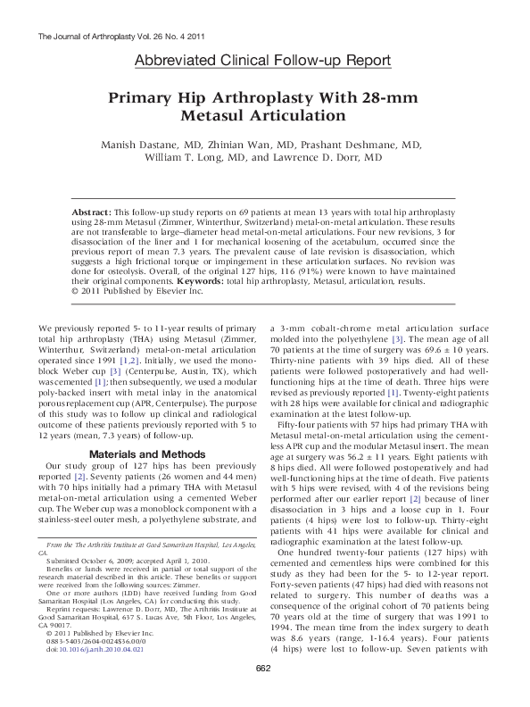 (PDF) Primary Hip Arthroplasty With 28-mm Metasul Articulation