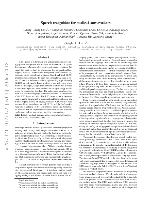 (PDF) Speech Recognition for Medical Conversations