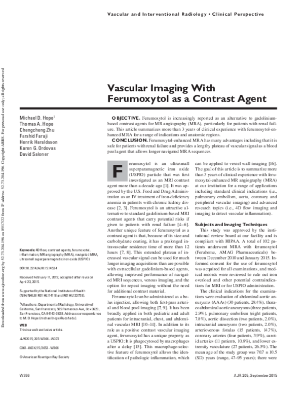 (PDF) Vascular Imaging With Ferumoxytol as a Contrast Agent