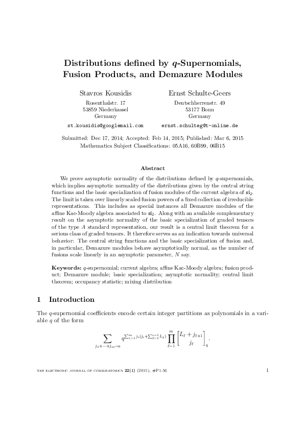 (PDF) Distributions Defined by $q$-Supernomials, Fusion Products, and ...