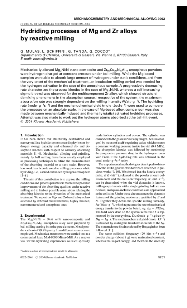 (PDF) Hydriding processes of Mg and Zr alloys by reactive milling