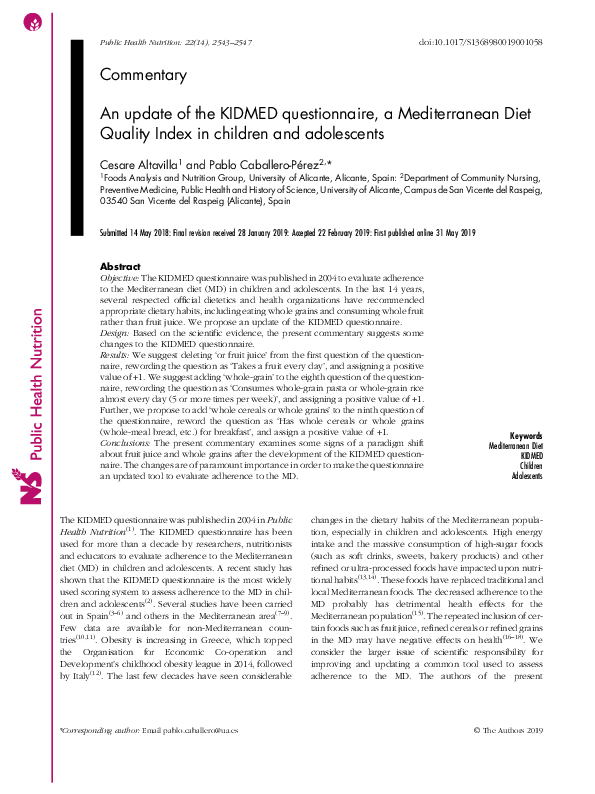 (PDF) An update of the KIDMED questionnaire, a Mediterranean Diet ...