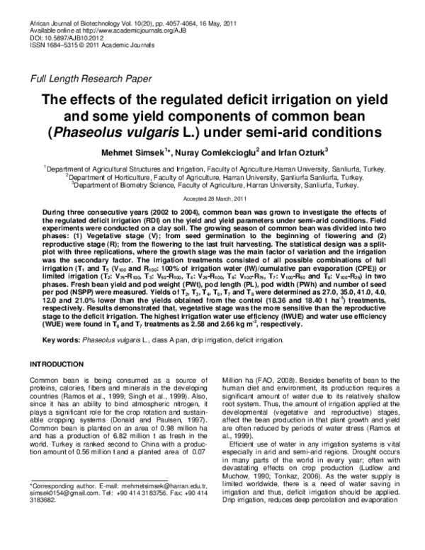 (PDF) The effects of the regulated deficit irrigation on yield and some ...