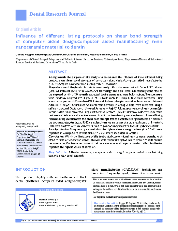 (PDF) Influence of different luting protocols on shear bond strength of ...