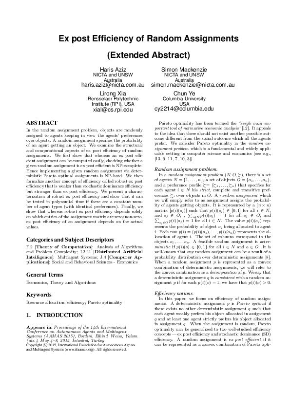 (PDF) Ex post Efficiency of Random Assignments (Extended Abstract)