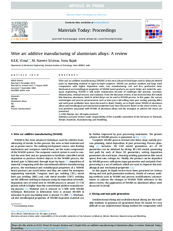 (PDF) Wire arc additive manufacturing of aluminium alloys: A review