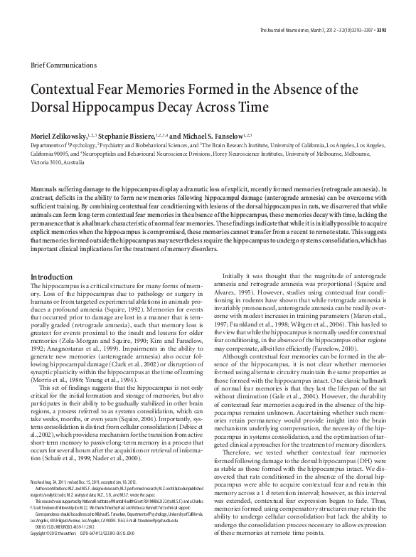 (PDF) Contextual Fear Memories Formed in the Absence of the Dorsal ...