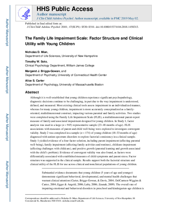 (PDF) The Family Life Impairment Scale: Factor Structure and Clinical ...