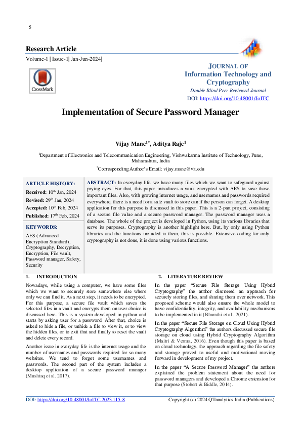 (PDF) Implementation of Secure Password Manager