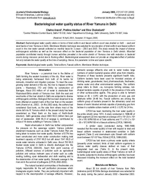 (PDF) Bacteriological water quality status of River Yamuna in Delhi