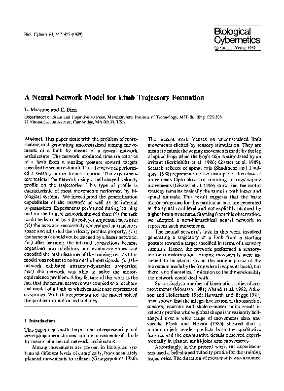 (PDF) A neural network model for limb trajectory formation