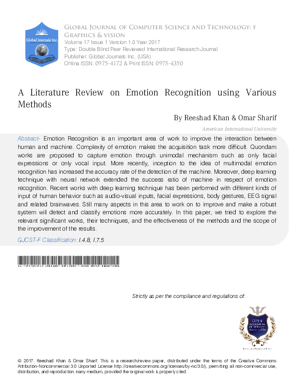 (PDF) A Literature Review on Emotion Recognition Using Various Methods