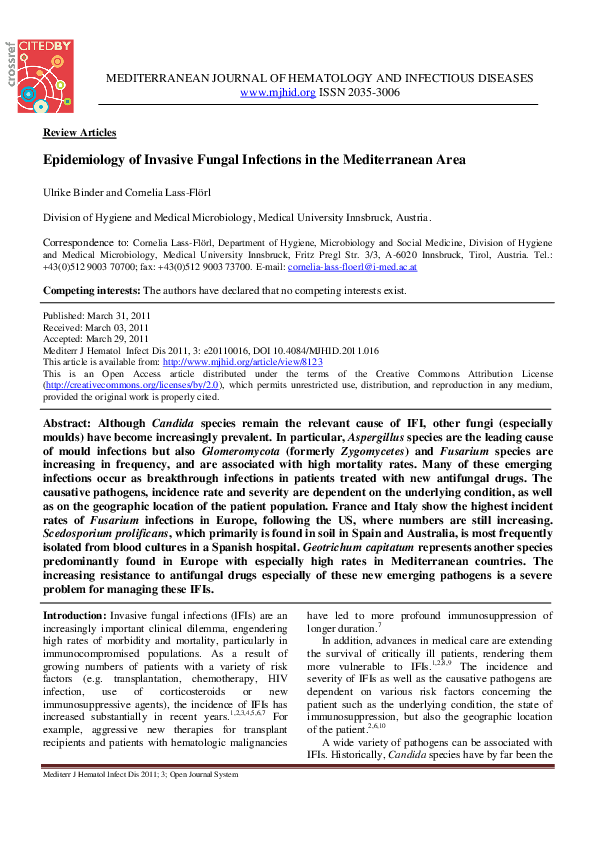 (PDF) Epidemiology of Invasive Fungal Infections in the Mediterranean Area