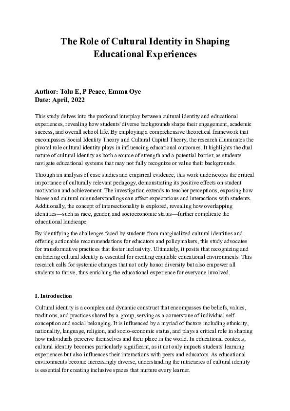 (PDF) The Role of Cultural Identity in Shaping Educational Experiences