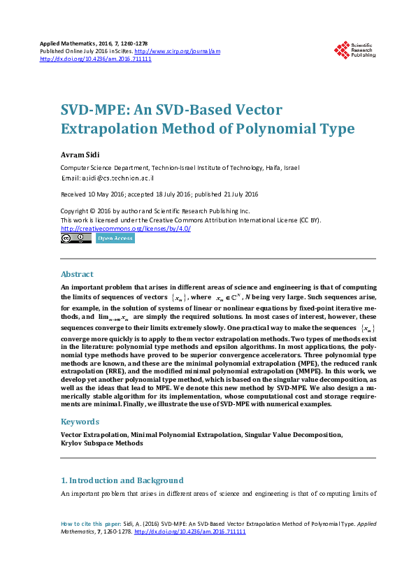 (PDF) SVD-MPE: An SVD-Based Vector Extrapolation Method of Polynomial Type