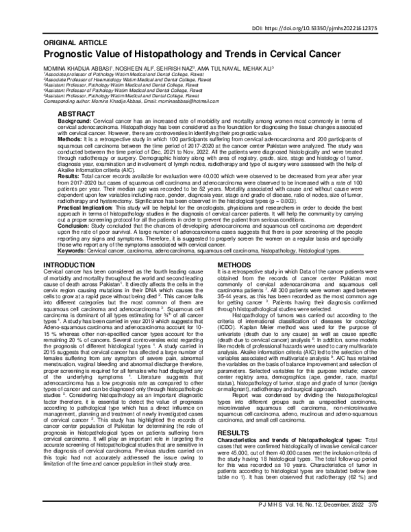 (PDF) Prognostic Value of Histopathology and Trends in Cervical Cancer