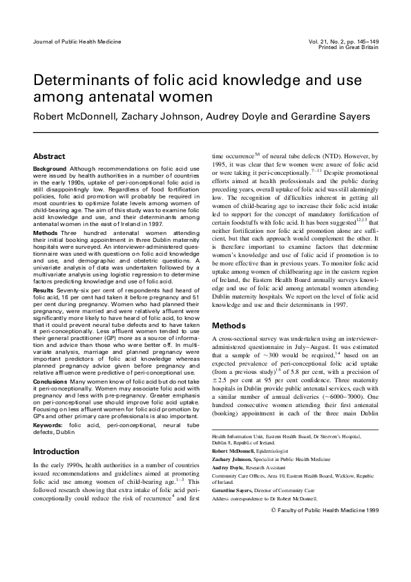 (PDF) Determinants of folic acid knowledge and use among antenatal women