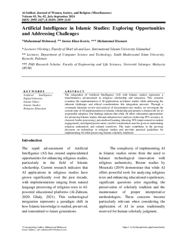 (PDF) Artificial Intelligence in Islamic Studies: Exploring ...