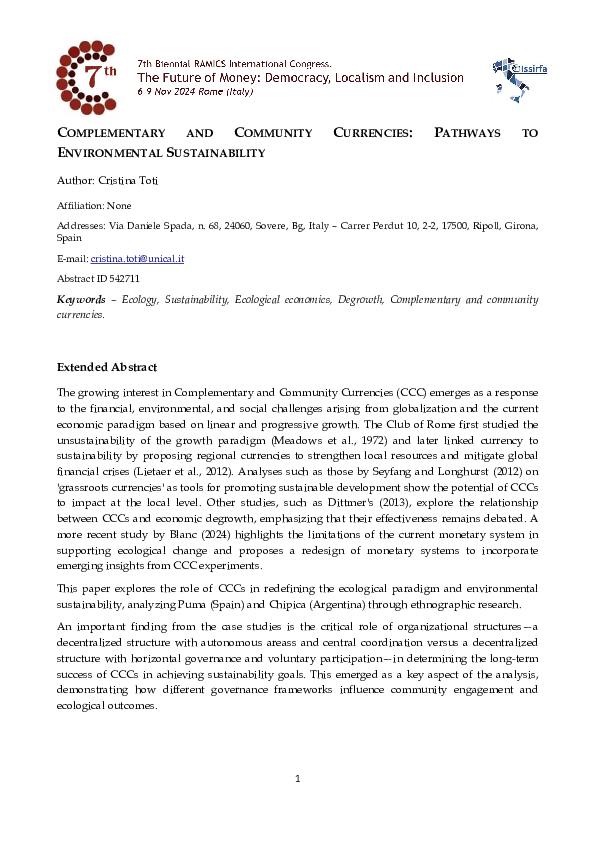 (PDF) COMPLEMENTARY AND COMMUNITY CURRENCIES: PATHWAYS TO ENVIRONMENTAL ...