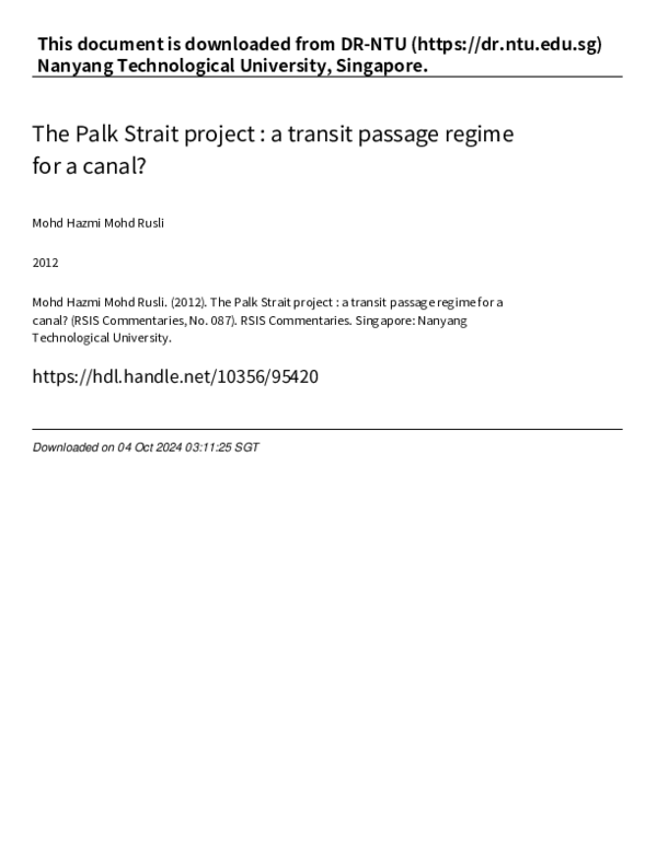 (PDF) The Palk Strait Project: A transit passage regime for a canal?