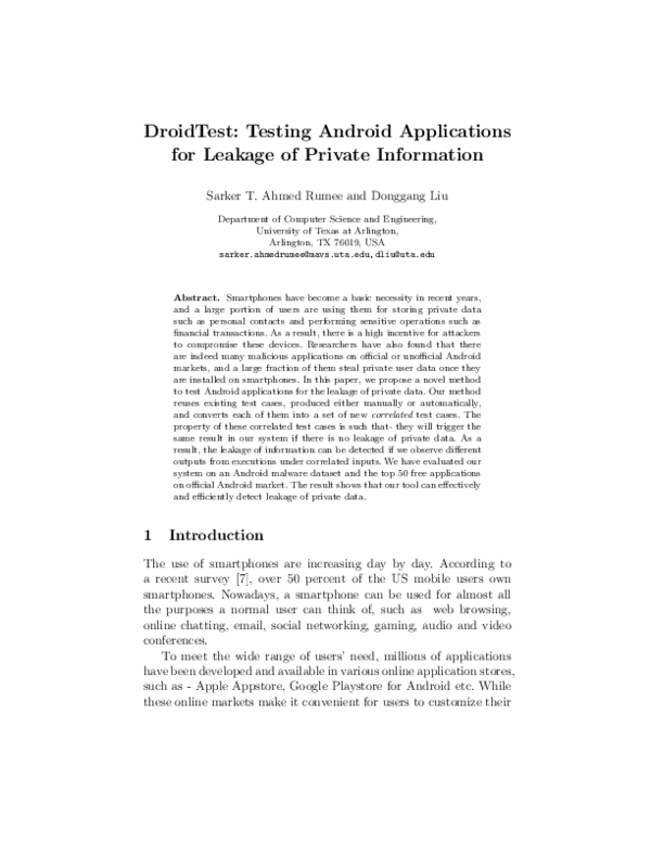 (PDF) DroidTest: Testing Android Applications for Leakage of Private ...