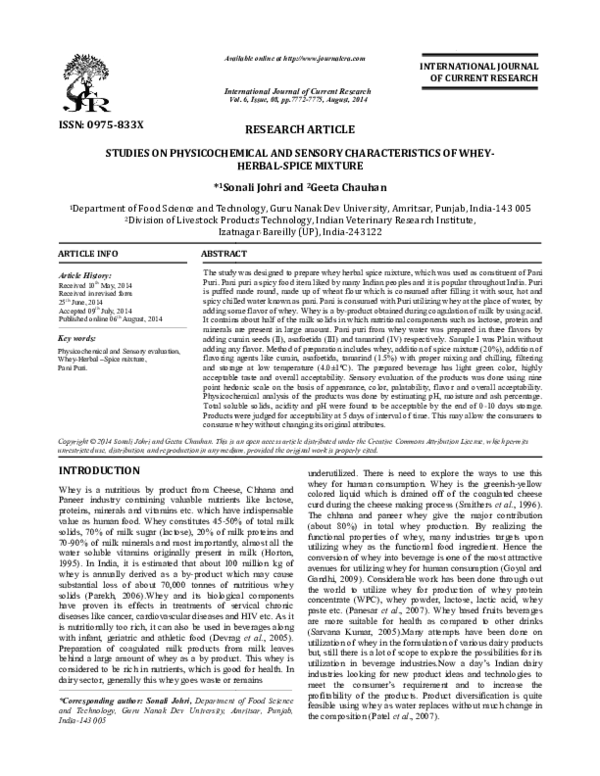 (PDF) STUDIES ON PHYSICOCHEMICAL AND SENSORY CHARACTERISTICS OF WHEY