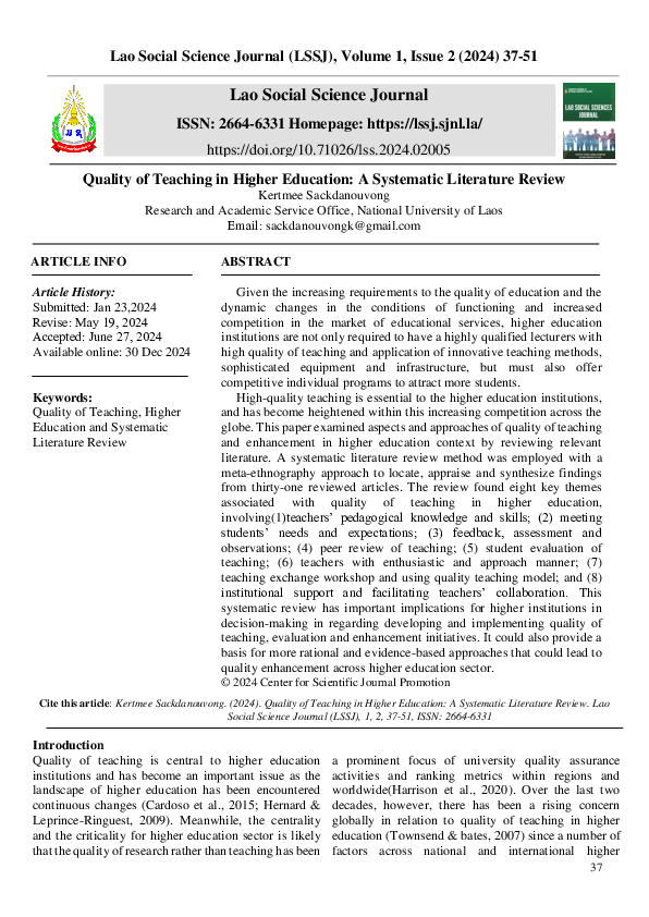 (PDF) Quality of Teaching in Higher Education: A Systematic Literature ...