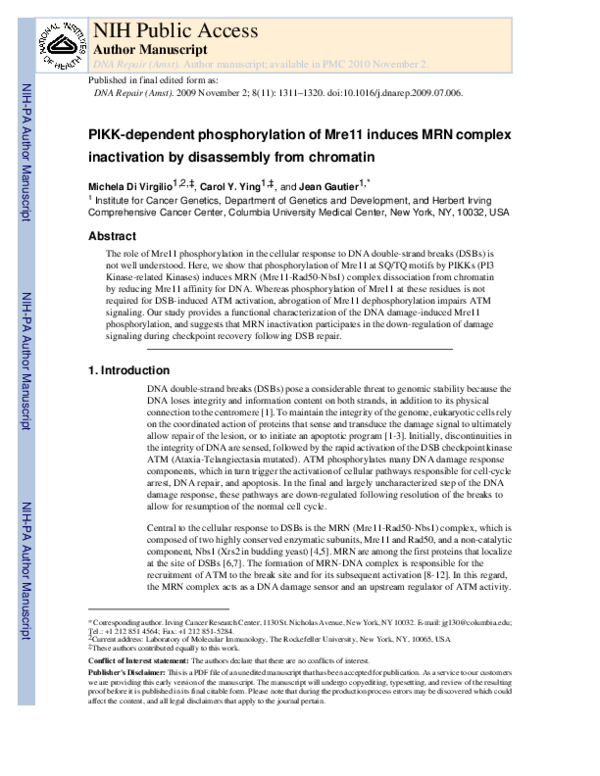 (PDF) PIKK-dependent phosphorylation of Mre11 induces MRN complex ...