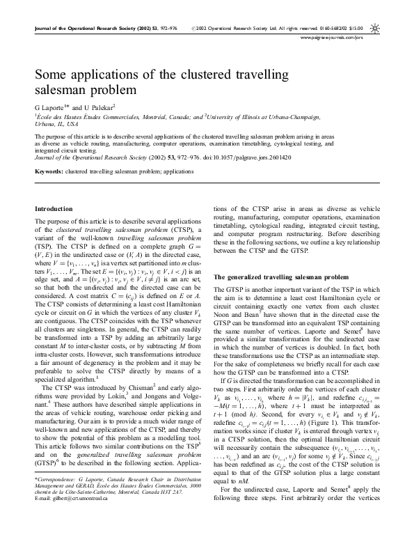 (PDF) Some applications of the clustered travelling salesman problem