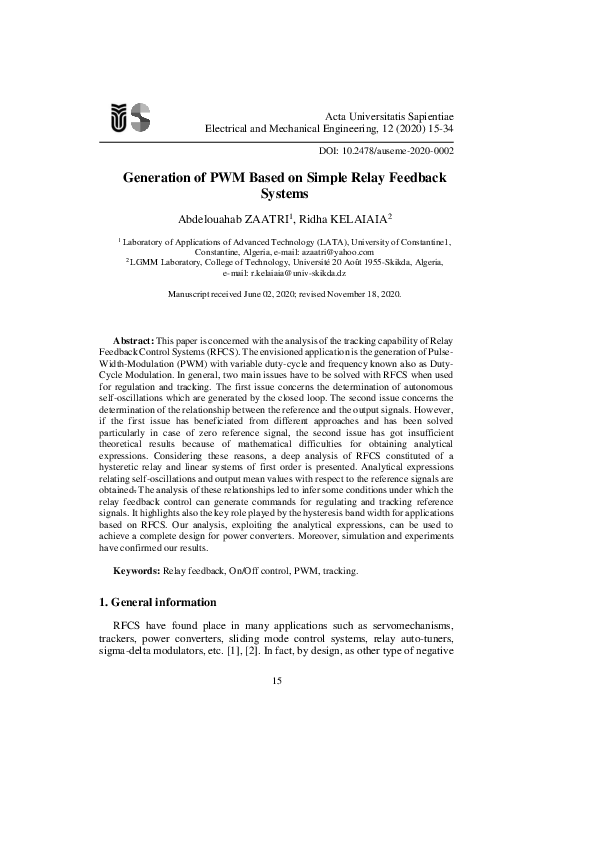 (PDF) Generation of PWM Based on Simple Relay Feedback Systems