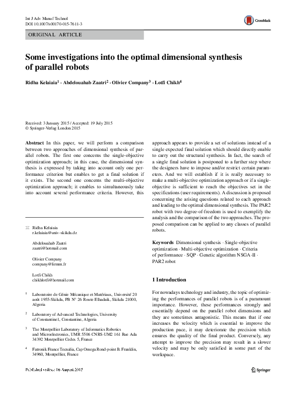 (PDF) Some investigations into the optimal dimensional synthesis of ...