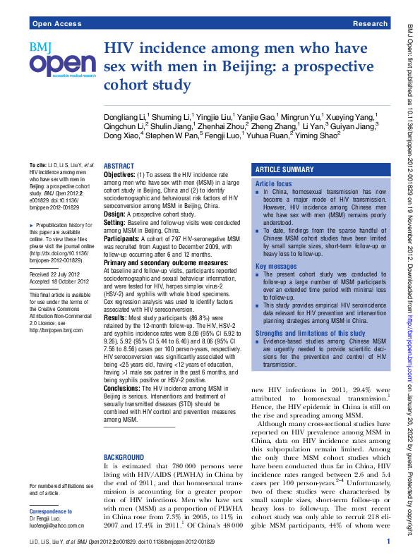 (PDF) HIV incidence among men who have sex with men in Beijing: a ...