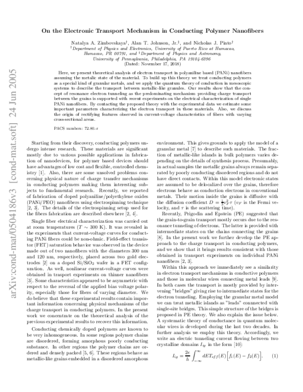 (PDF) Electronic transport mechanism in conducting polymer nanofibers