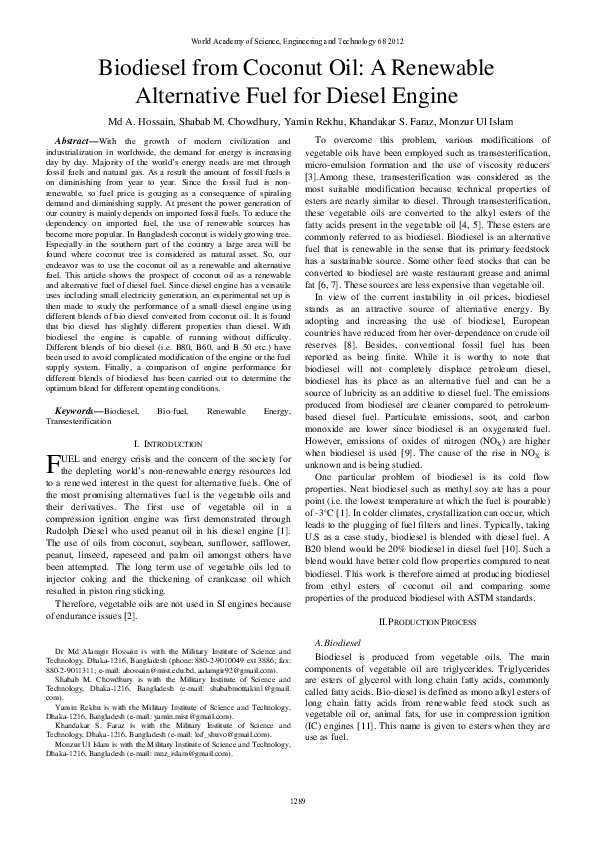 (PDF) Biodiesel From Coconut Oil: A Renewable Alternative Fuel For ...