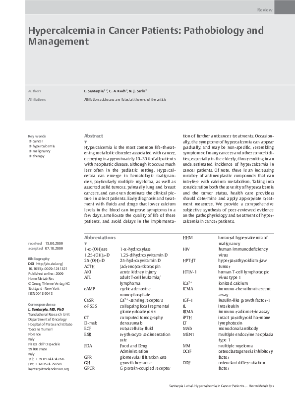 (PDF) Hypercalcemia in Cancer Patients: Pathobiology and Management