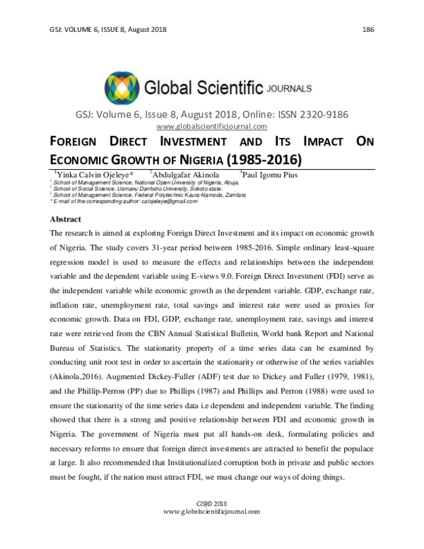 (PDF) FOREIGN DIRECT INVESTMENT AND ITS IMPACT ON ECONOMIC GROWTH OF ...