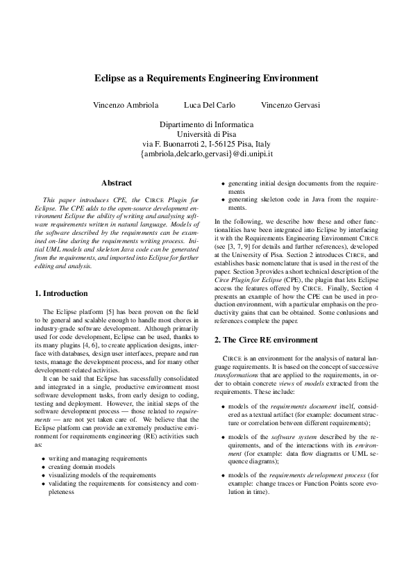 (PDF) Eclipse as a requirements engineering environment