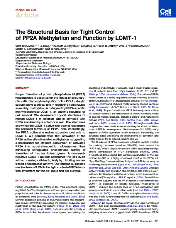(PDF) The Structural Basis for Tight Control of PP2A Methylation and ...
