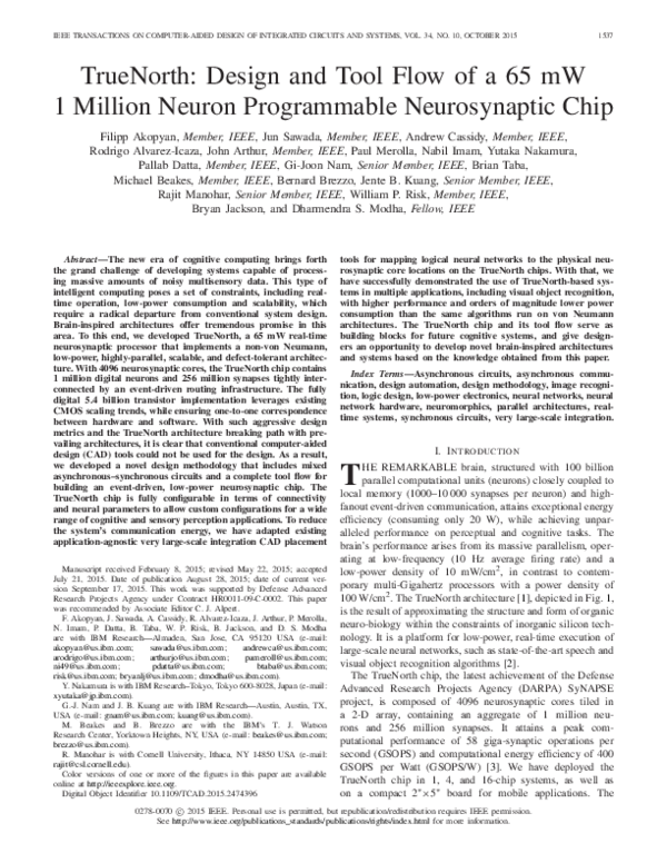 (PDF) TrueNorth: Design and Tool Flow of a 65 mW 1 Million Neuron ...