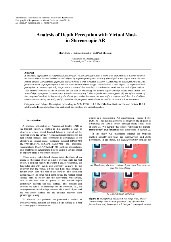 (PDF) Analysis of Depth Perception with Virtual Mask in Stereoscopic AR