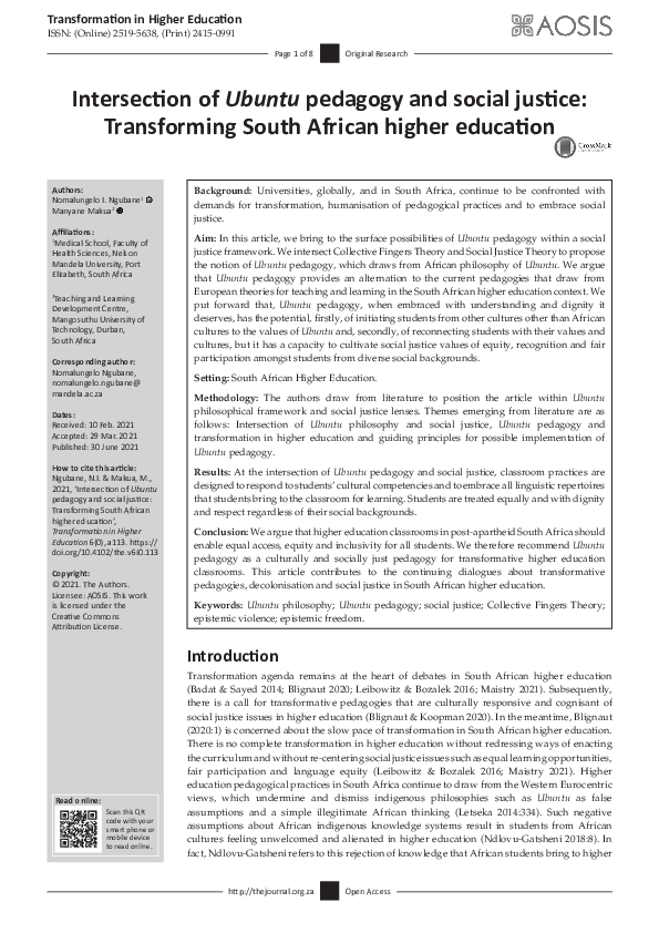 (PDF) Intersection of Ubuntu pedagogy and social justice: transforming ...