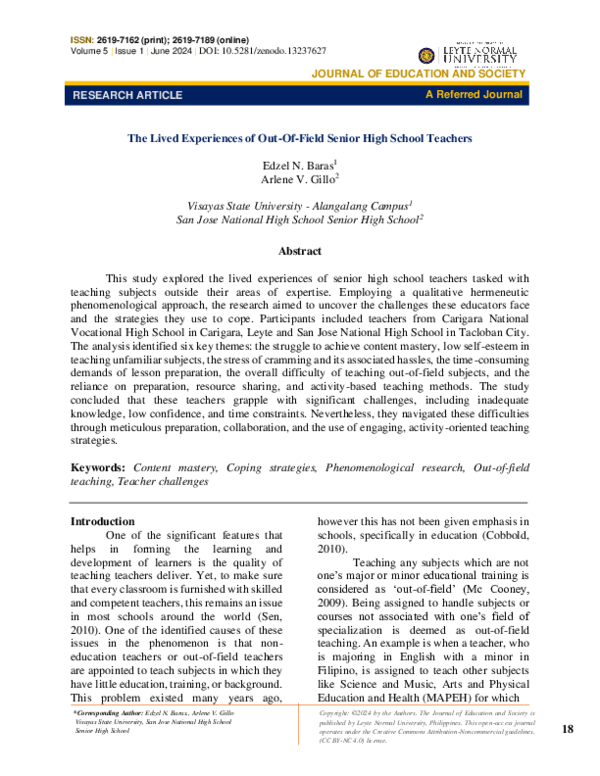 (PDF) The Lived Experiences of Out-Of-Field Senior High School Teachers
